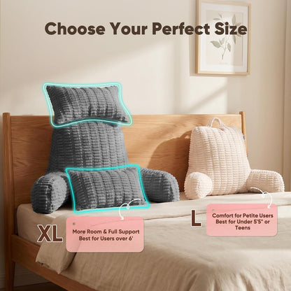 21" Higher Large Reading Pillow for Bed Adult, Back Pillow for Bed Sitting Up with Memory Foam Back Support with Arms Rest for Couch Chair Gray