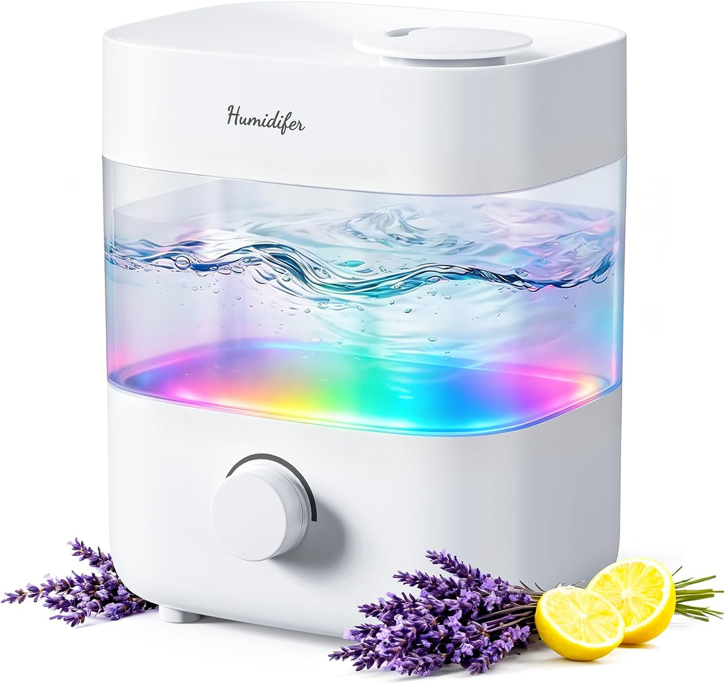 Humidifiers for Bedroom, 2L Top Fill Cool Mist Humidifier, 20dB Quiet ﻿ | 2L top-fill tank, dual 360° nozzles, 20dB quiet operation, stepless mist control, 7-color light, and low-water auto shut-off
