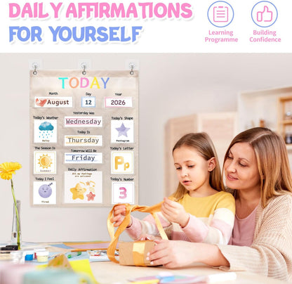 Daily Morning Board Circle Time Calendar Weather Seasons Positive Affirmations Letter Shape Number of the Day Pocket Chart,Toddler Preschool Calendar,Homeschool Morning Work Activity, Pastel Design