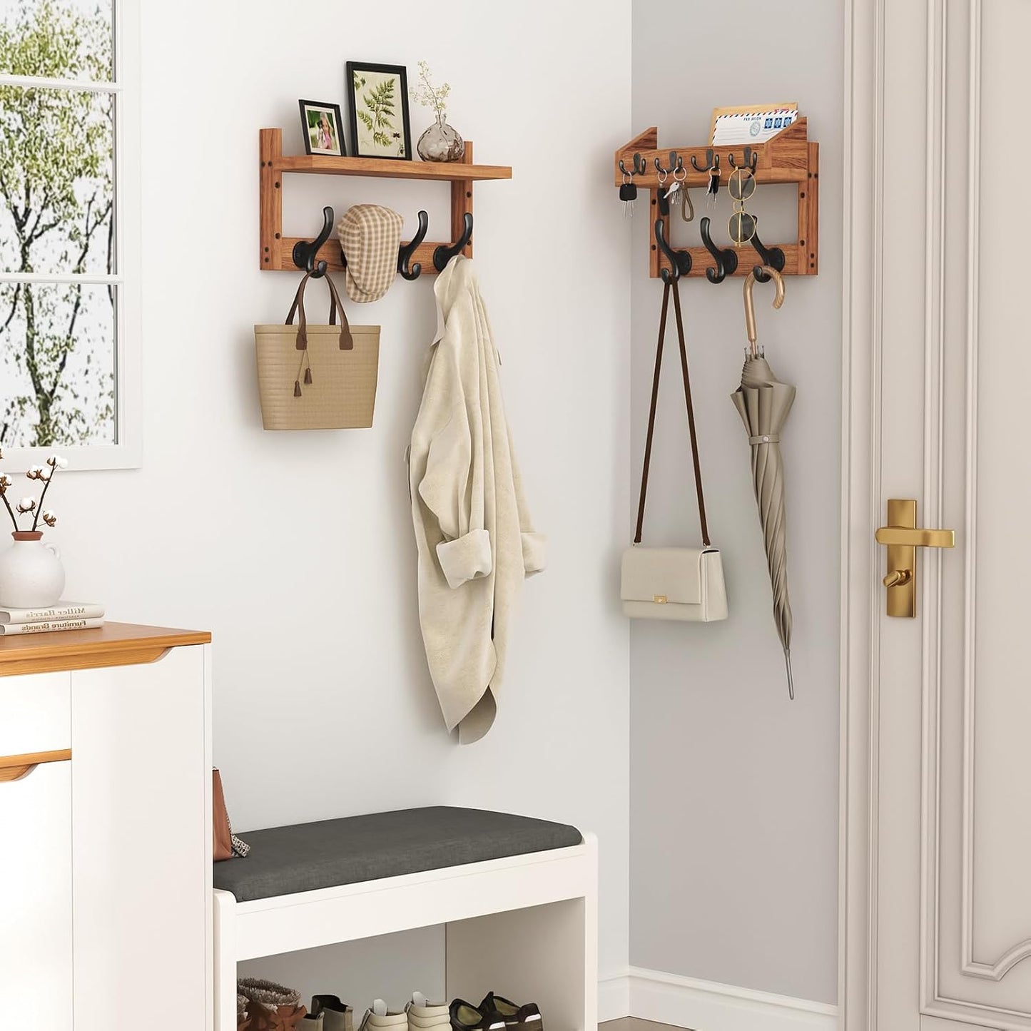 Evermagin 29" Coat Rack Wall Mount with Shelf & 11 Hooks, Entryway, Black | Wooden Wall Mounted Coat and Key Rack with Hooks, Key Hanger with Mail Holder for Living Room, Mudroom, Bedroom