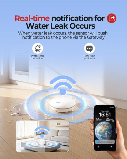 Heiman Water Leak Detector, 3 Pack Water Sensor Alarm for Home,with Gateway | 10-Year Battery-Powered Smart WIFI Water Alarm Flood Sensor for Home/Basement/Sump Pump,Real-Time App Alert and Sound Alarm