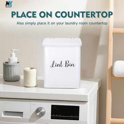 Magnetic Lint Bin for Laundry Room, Dryer lint bin Shiny White | galvanized metal body 1 Soft Lint Brush Included, 1 Magnetic Hook Included, 2 adhasive Hooks Included, Space-Saving