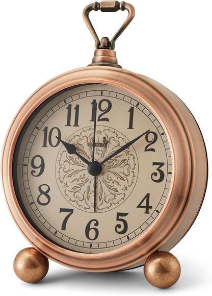 FLOITTUY 4.5" Battery Operated Antique Retro Analog Metal Alarm Clock, Silent Bedside Desk Clock, Wall-Hanging Vintage Clock(Exquisite Bronze)