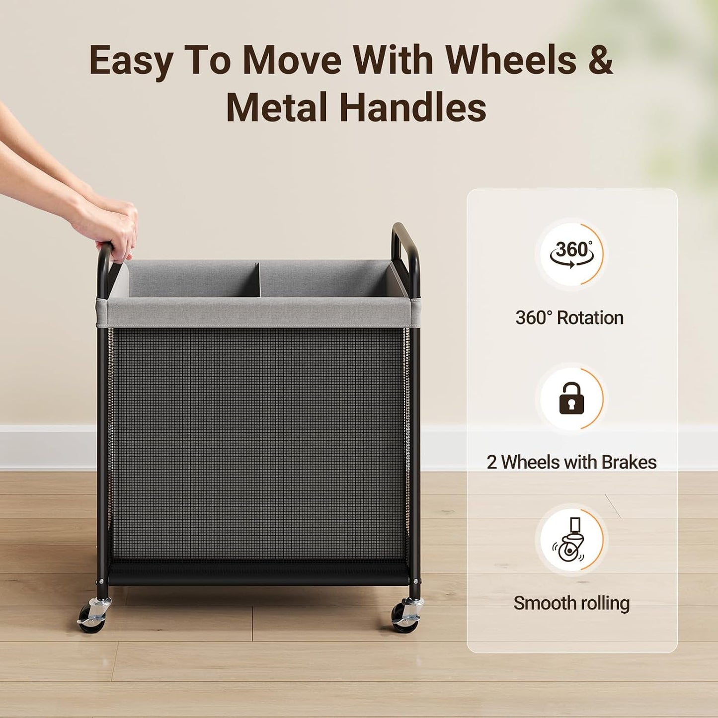 ELYKEN Laundry Hamper 2 Section, 100L Rolling Laundry Sorter with Wheels | Removable Washable Liner Bags, Sturdy Steel Frame and Metal Handle, Double Compartment Clothes Organizer for Laundry Sorting