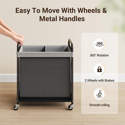 ELYKEN Laundry Hamper 2 Section, 100L Rolling Laundry Sorter with Wheels | Removable Washable Liner Bags, Sturdy Steel Frame and Metal Handle, Double Compartment Clothes Organizer for Laundry Sorting