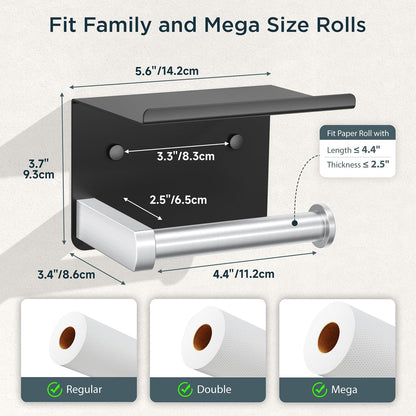 FORIOUS Toilet Paper Holder with Shelf, Adhesive or Screw, Commercial | Brushed Nickel | Wall Mount Bathroom Tissue Holder | SUS304 Stainless Steel Rustproof | Bathroom Tissue Roll Holder