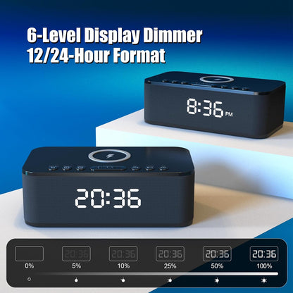 Alarm Clocks for Bedrooms, Wireless Charger, Bluetooth Speaker, White Noise Machine, Digital Clock with Dual Alarm, Dimmable Display, USB Charging Port, Black