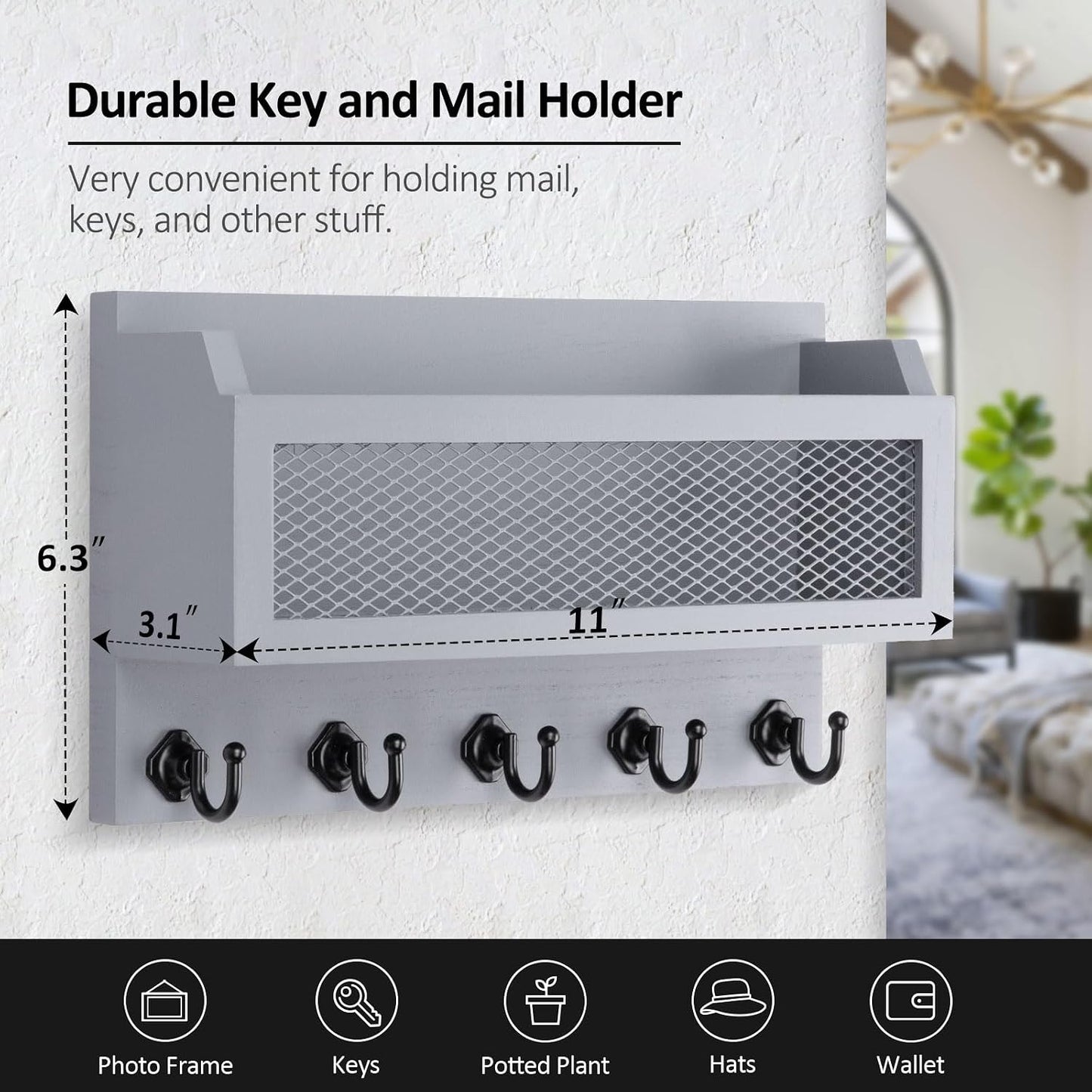 Nekon Mail and Key Holder for Wall Decorative, 11 Inch Mail Holder, Brown | Wooden Wall Key Organizer with 5 Key Hooks, Wall Mount Storage Shelf for Entryway Hallway