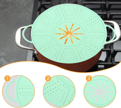 Spill Stopper Lid Silicone Boil Splatter Screen Pot Cover with Double Handles Anti Overflow Mat Heat Resistant for Cooking and Steam, Green