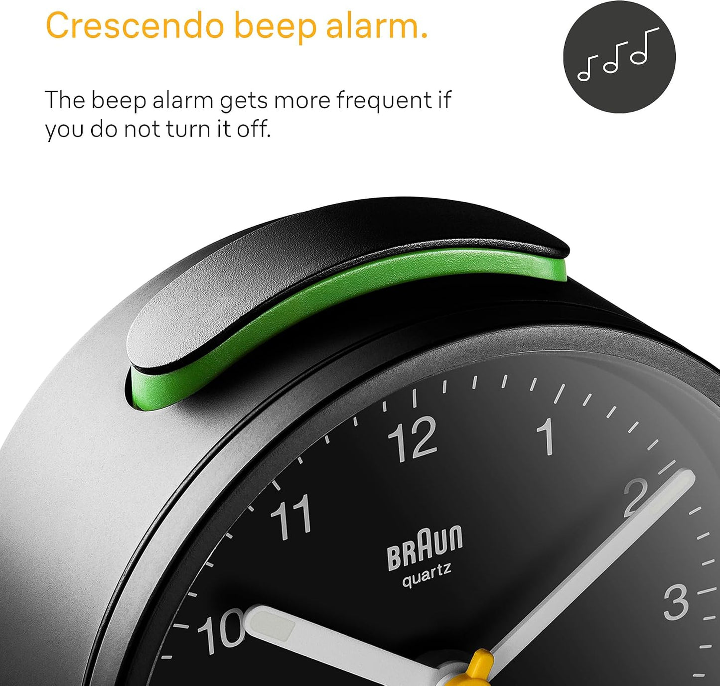 Braun Classic Analogue Alarm Clock with Snooze and Light, Quiet Quartz Movement, Crescendo Beep Alarm in Black, Model BC12B.