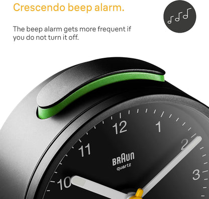 Braun Classic Analogue Alarm Clock with Snooze and Light, Quiet Quartz Movement, Crescendo Beep Alarm in Black, Model BC12B.