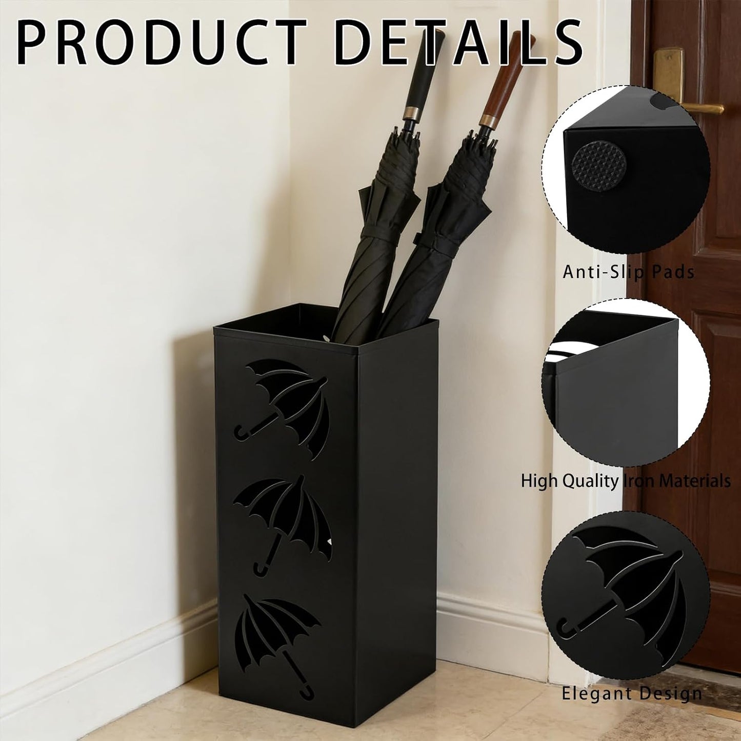 Metal Umbrella Holder, Square Freestanding Umbrella Stand Bucket Storage Indoor for Entryway, 6.3 x 6.3 x 16.3 Inch - Black