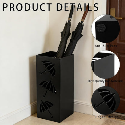 Metal Umbrella Holder, Square Freestanding Umbrella Stand Bucket Storage Indoor for Entryway, 6.3 x 6.3 x 16.3 Inch - Black