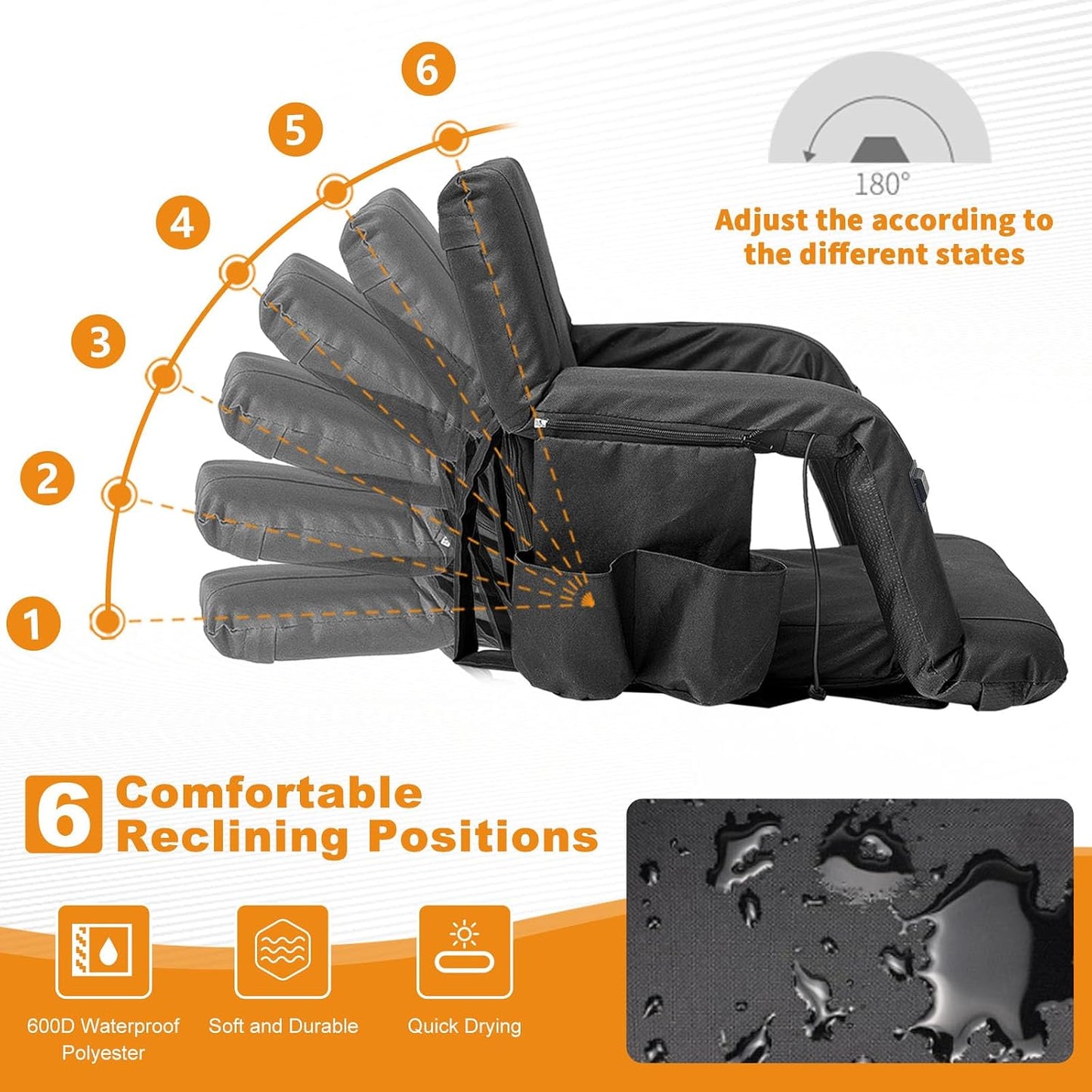 25in 5.12" Extra Thick&Wide Heated Stadium Seat for Bleachers | Sofa Style Design Thick Bleacher Chair With Back and Comfy Cushion, 6 Reclining Positions, 3 Heat Levels (NO Battery)