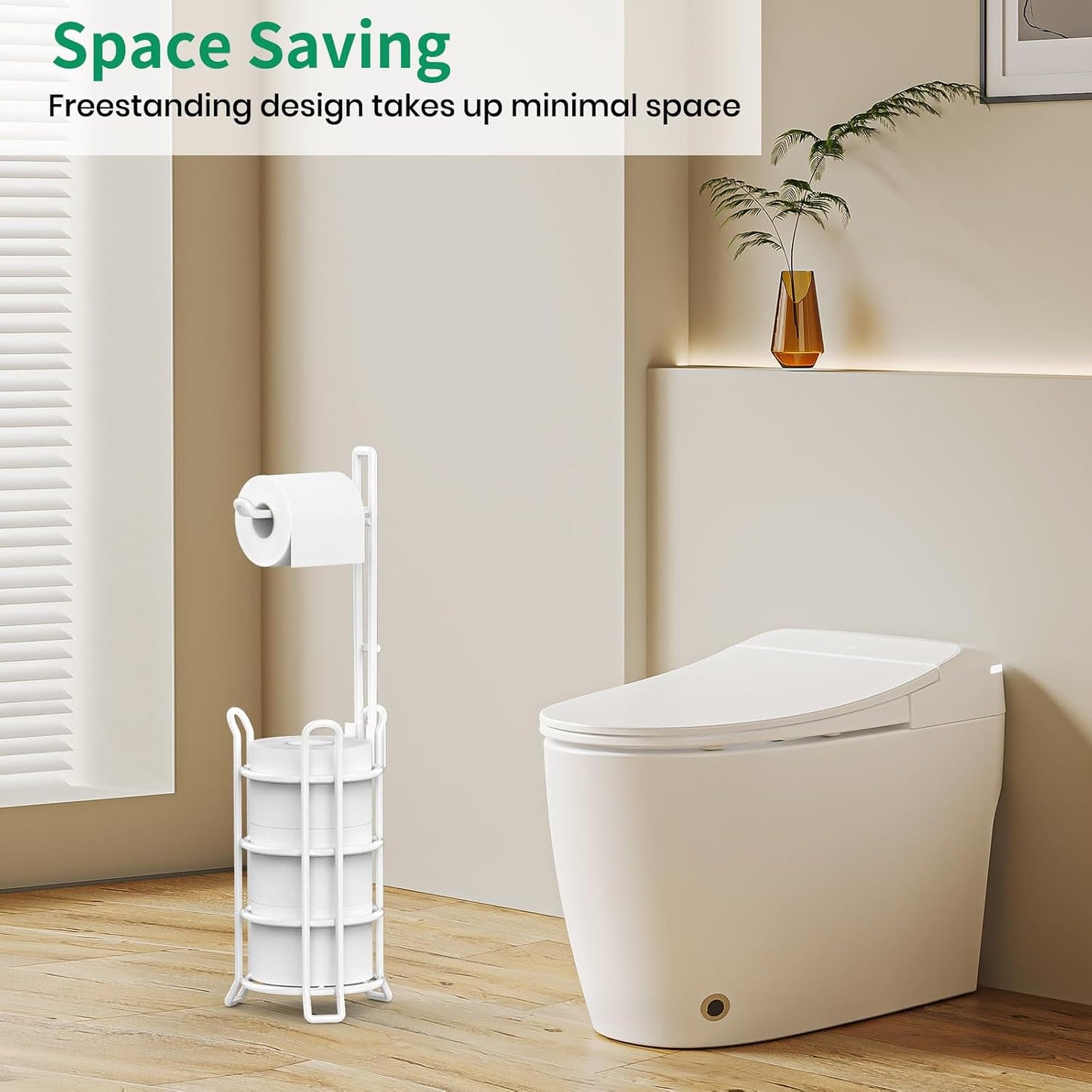 TomCare Toilet Paper Holder Free Standing with Shelf, Stable 4 Raised Feet | Stores 4 Mega Rolls, Tool-Free Assembly, Powder-Coated Metal Frame, Bathroom Storage Organizer for Spare Rolls, Silver
