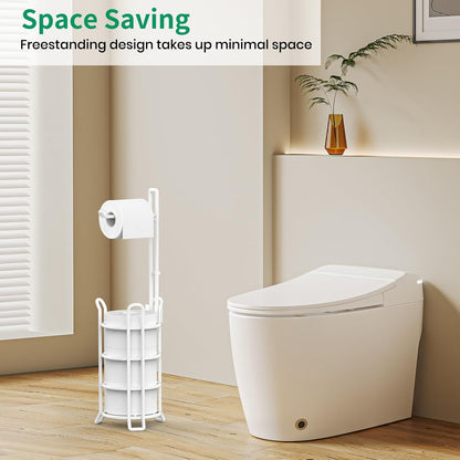 TomCare Toilet Paper Holder Free Standing with Shelf, Stable 4 Raised Feet | Stores 4 Mega Rolls, Tool-Free Assembly, Powder-Coated Metal Frame, Bathroom Storage Organizer for Spare Rolls, Silver