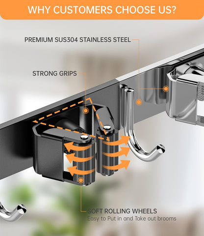 Broom Holder Over The Door with Hooks -304 Stainless Steel (Black) | Save Space, Anti-Rust & Sturdy, Mop and Broom Holder Wall Mounted or Hanging Over The Door, for Garage Laundry Kitchen