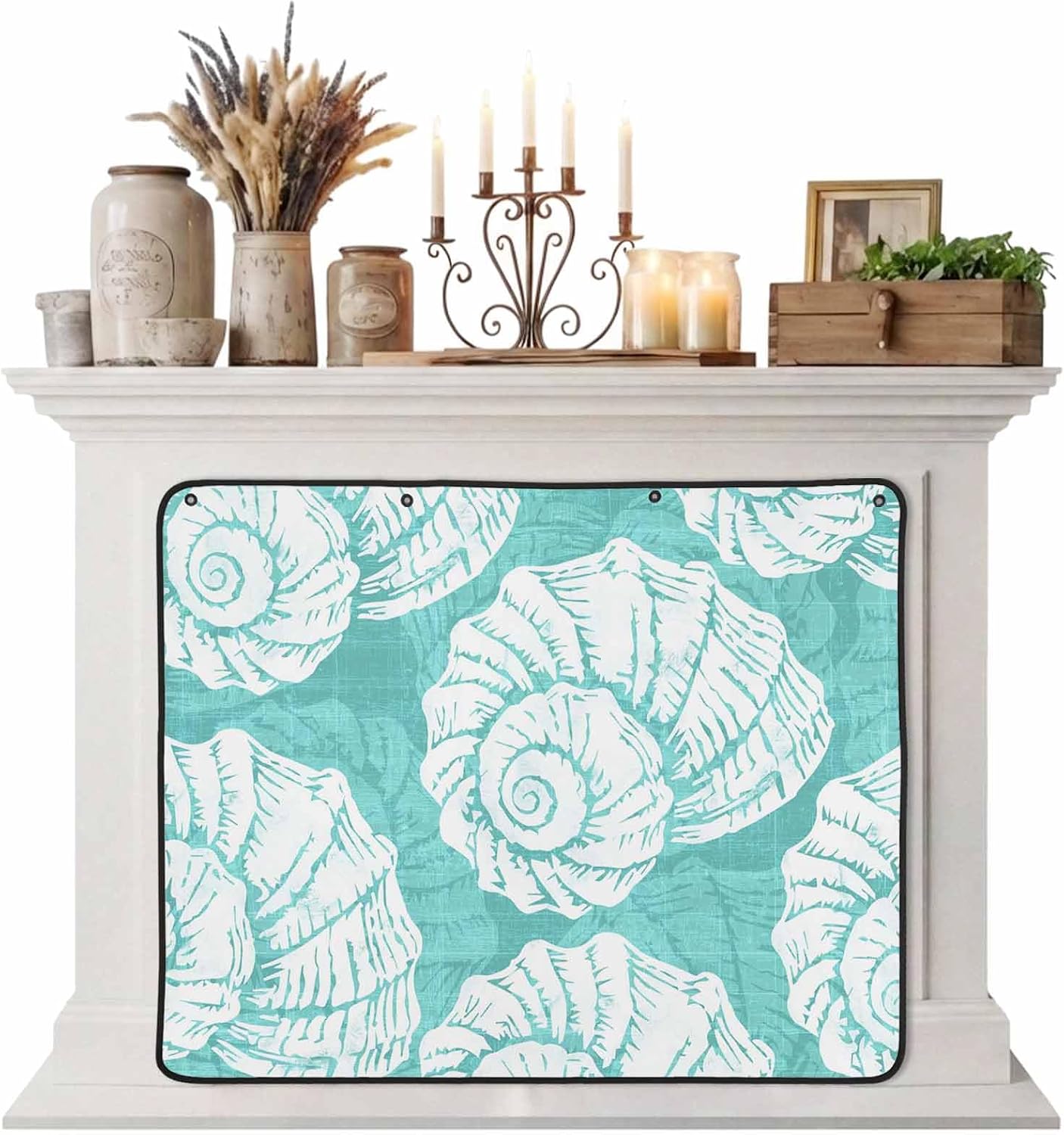 Magnetic Fireplace Cover Navy Blue Coastal Shells Fireplace Screen Decorative Ocean Conch Marine Life Insulation Fireplace Blocker Save Energy Fireplace Draft Stopper Covers for Living Room 36x30 Inch
