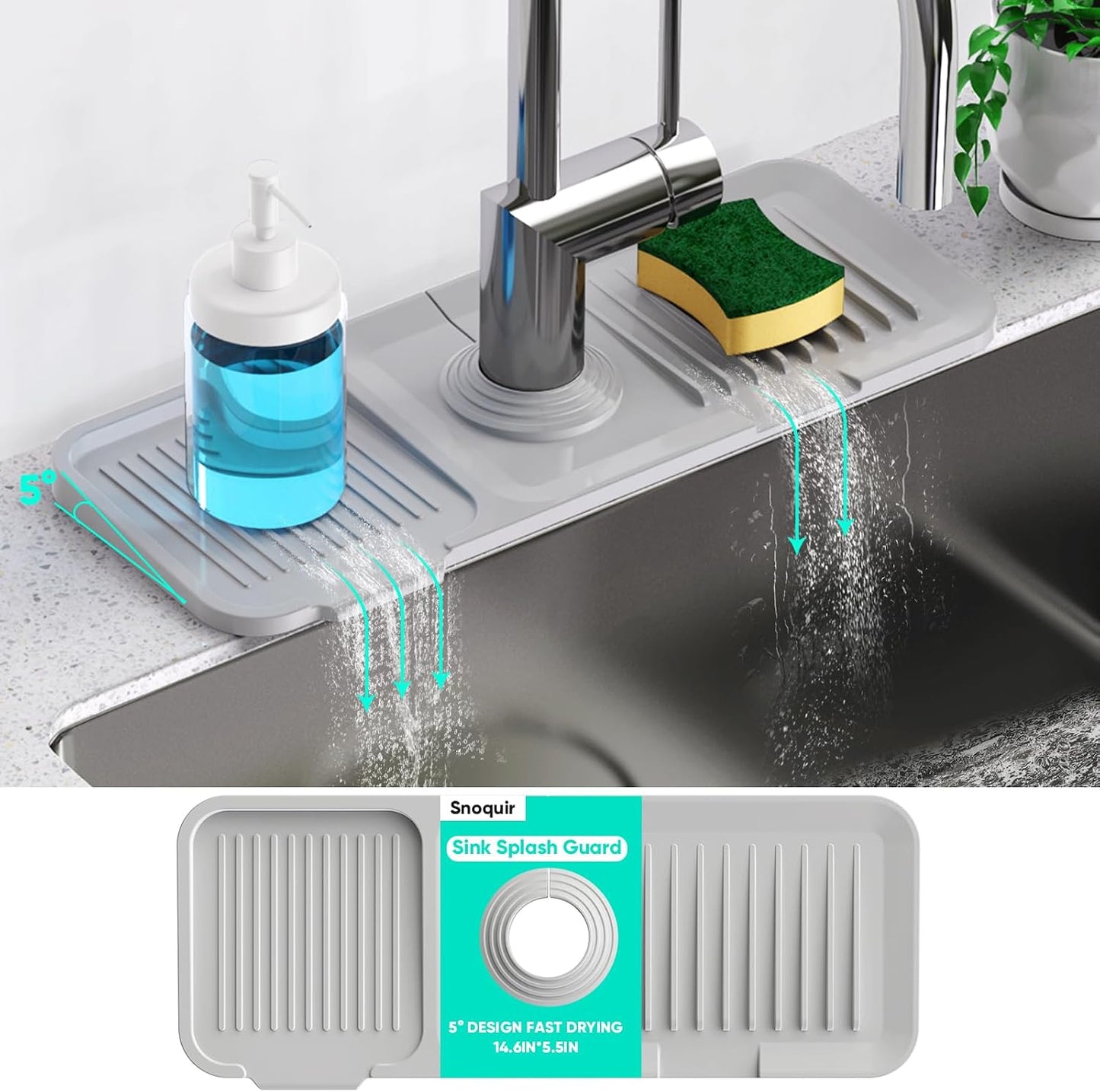 24 Inch Longer Faucet Mat for Kitchen Sink [5° Slope Fast Self-draining]Bathroom Kitchen Sink Splash Guard Silicone Sinks Faucet Mat Splash Guard for Kitchens Sinks Area Tidy Splashs Draining Mats