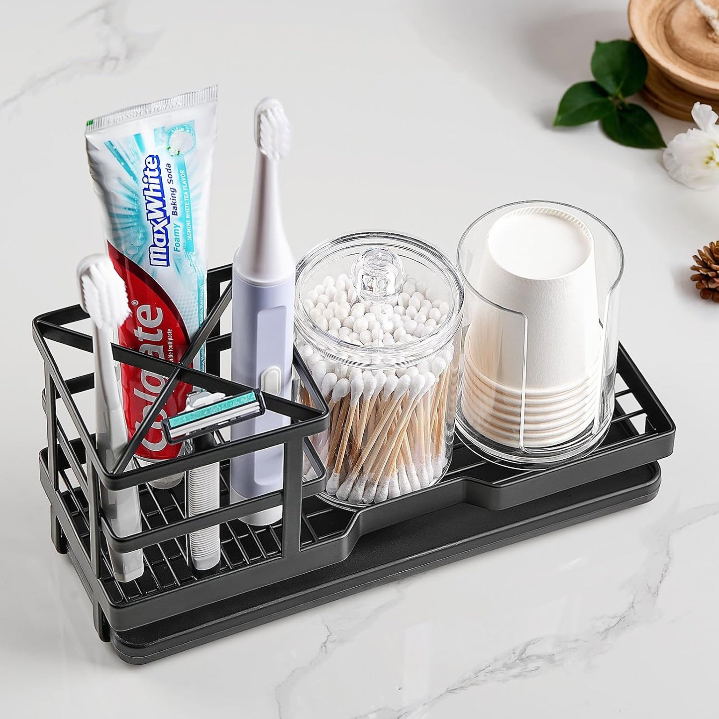 Toothbrush Holders for Bathrooms, 4 Slots Metal Tooth Brushing Organizer | Rustproof Electric Tooth Brush Toothpaste Holder with Drainage for Bathroom Countertop, White