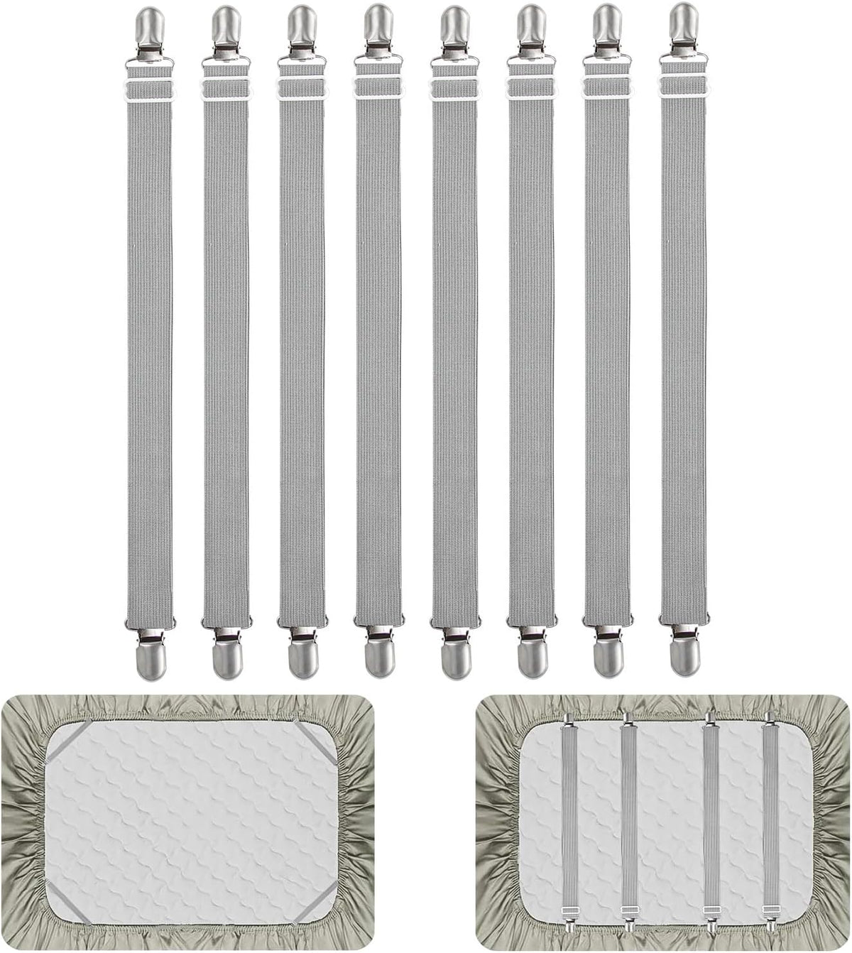 Adjustable Bed Sheet Straps Clips, Elastic Mattress Sheet Fasteners Holder and Suspenders, Grippers to Hold Sheet, Mattress, Sofa, Couch, Table Cloth, Ironing Board Cover, Black