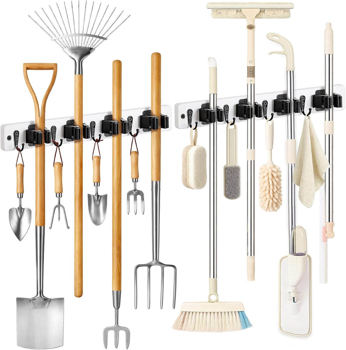 Lorbro 2 Pack Broom Holder Wall Mount, Wooden Rack with 4 Slot & 4 Hook | Broom and Mop Organizer Wall Hanging, Tool Organizer for Laundry Room, Closet, Garage, Kitchen