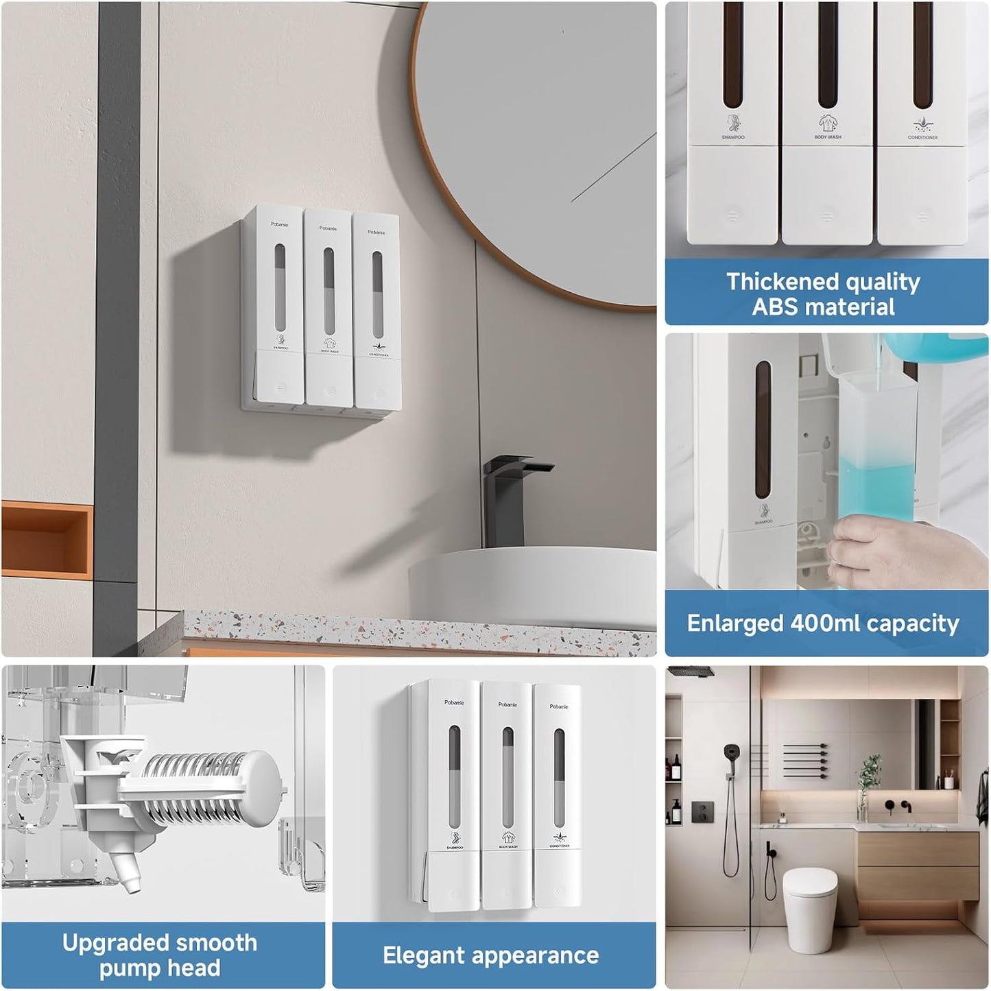 1984 Shower Soap Dispenser Bathroom Set Shampoo Conditioner Body Wash Dispenser Wall Mounted Shower Shampoo Dispenser 3 Chamber No Drill for Home Star Hotel 3 x 400ml Pink