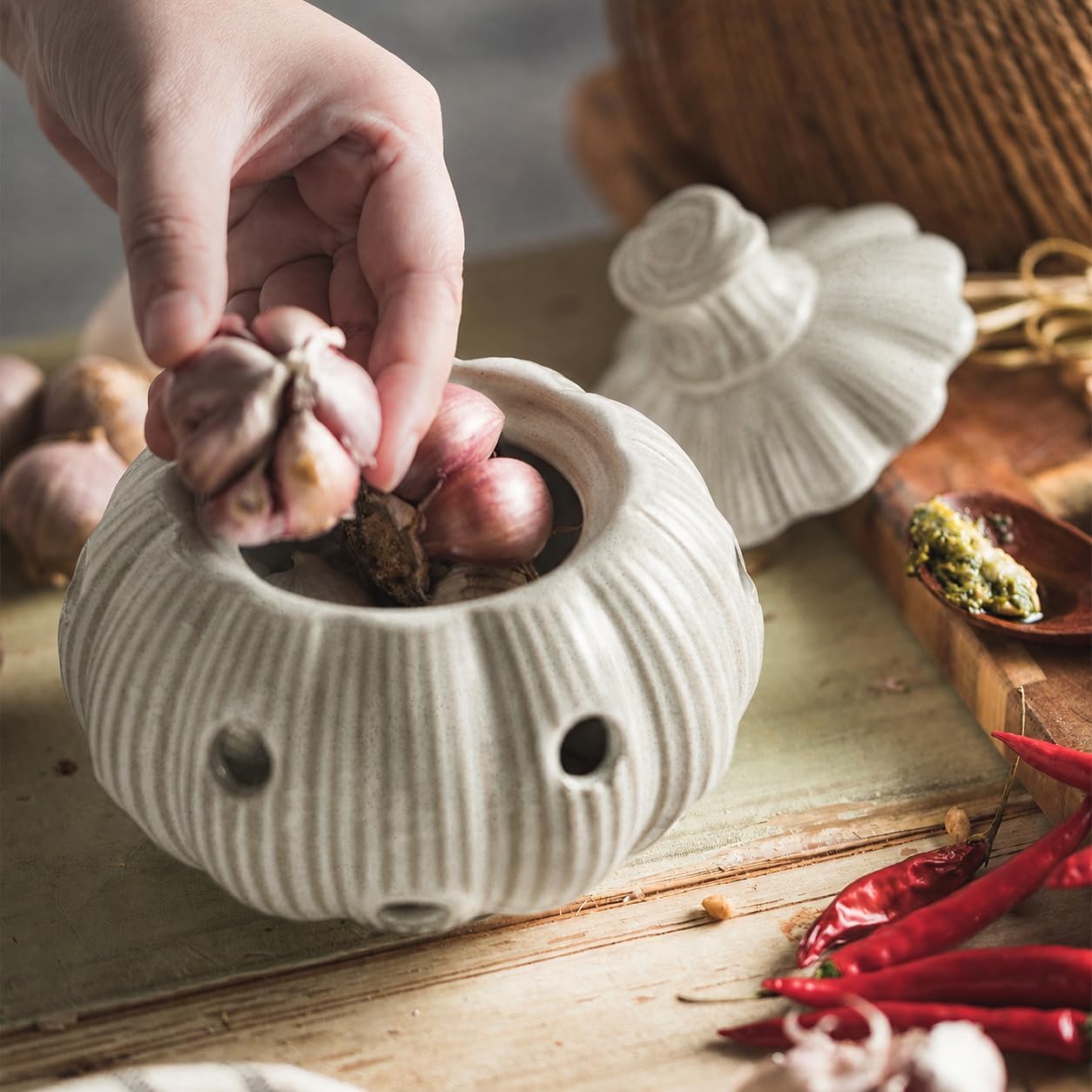 Garlic Storage Pod Ceramic Garlic Keeper with Lid Large Garlic Container for Counter, White