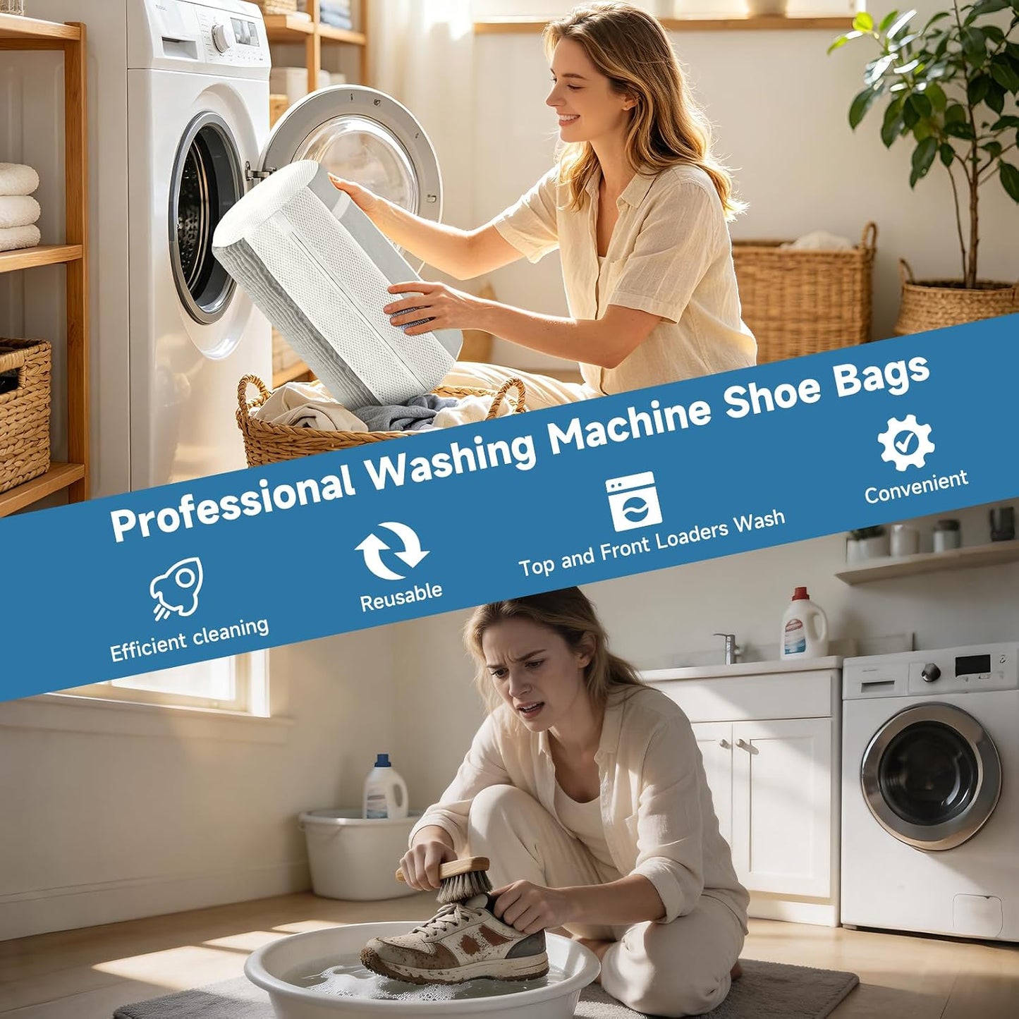 2PCS XXL Shoe Washing Machine Bag with Adjustable Shoes Trees - Heavy Duty Reusable Shoe Laundry Bag for Washer and Dryer - 360° Deep Clean & Protect Chenille Microfiber Sneakers Wash Bags - White