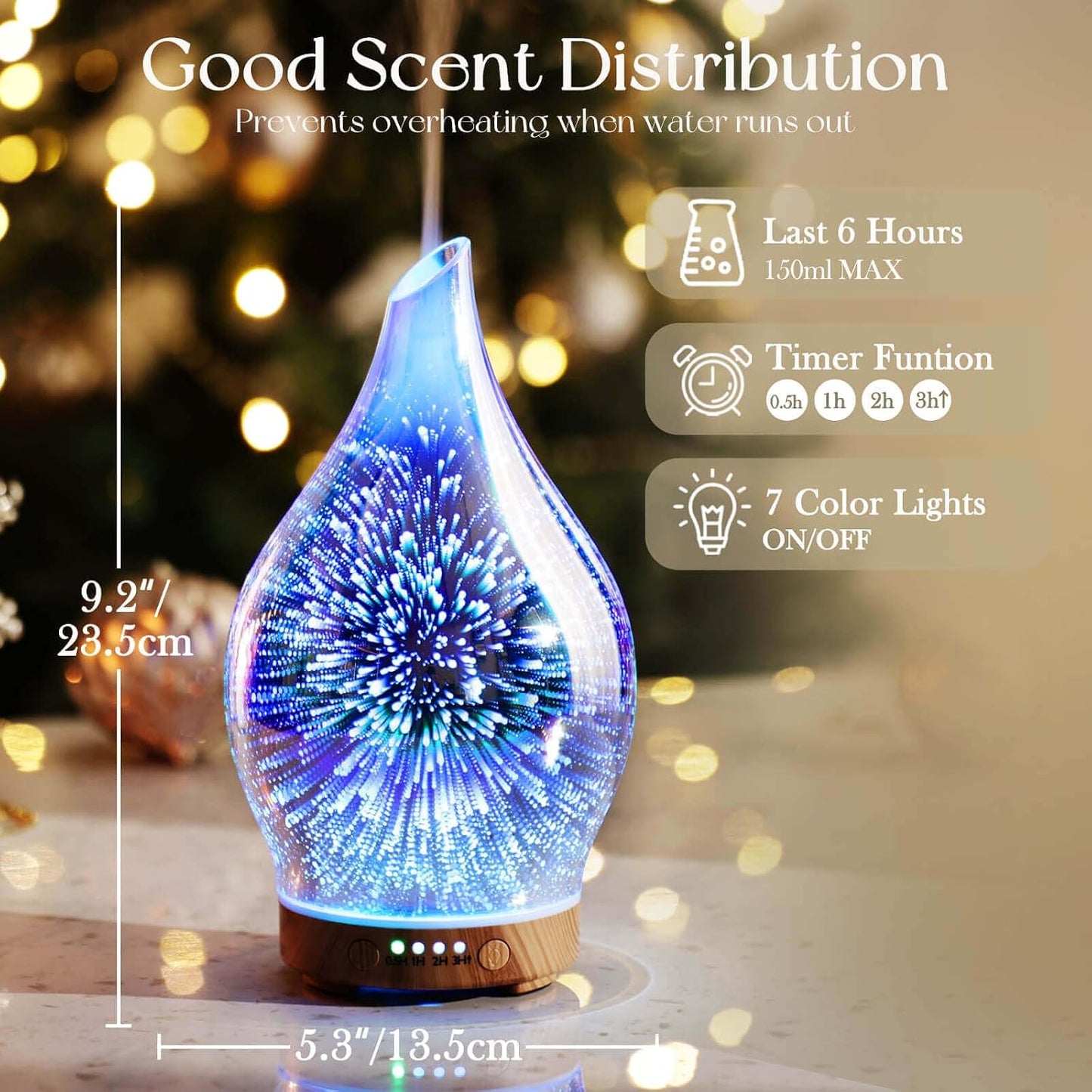 Porseme Oil Diffuser 3D Glass Aromatherapy Ultrasonic Humidifier, Air Refresh Auto Shut-Off, Timer Setting, BPA Free for Home Hotel Yoga Leisure SPA Gift 150ml Last 6H - Colors A