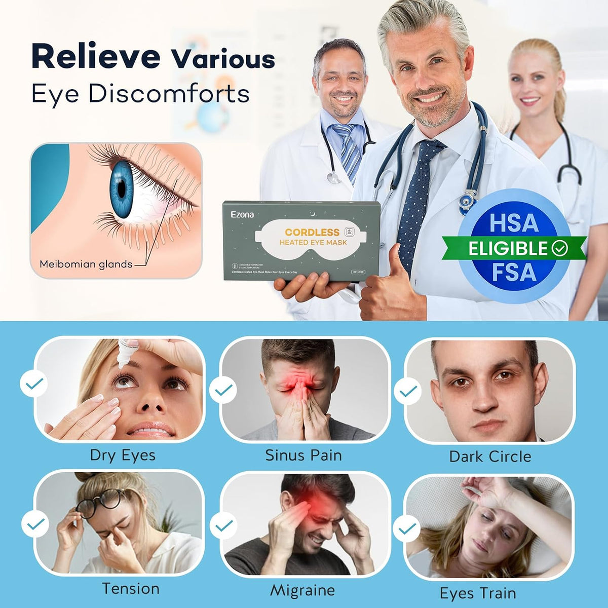 Ezona Heated Eye Mask, Cotton Cordless Warm Eye Compress Mask for Dry Eyes