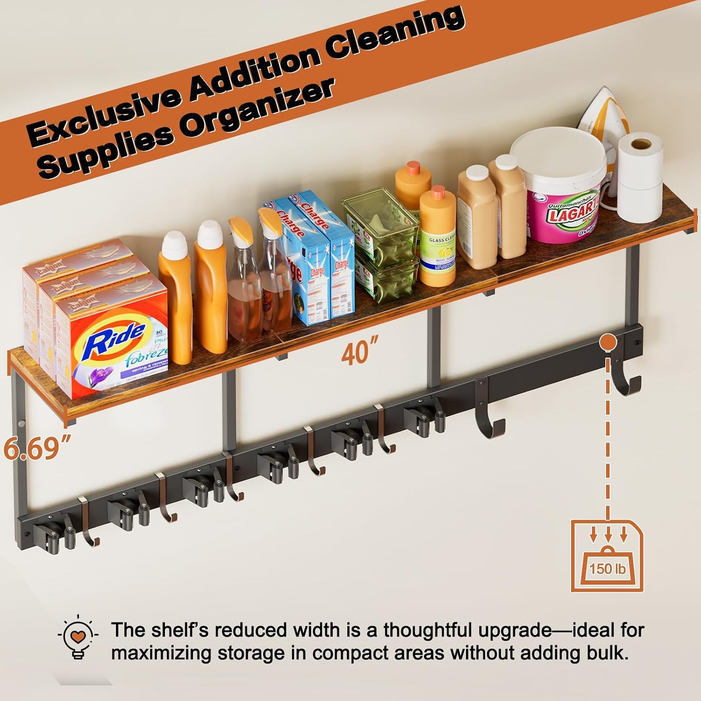 Broom Holder Wall Mount with Cleaning Supplies Organizer, Laundry Room Organization and Storage Shelves with Mop Hanger Rack Gripper Hooks, Utility Shelf Closet Organizer for Home Garage Kitchen