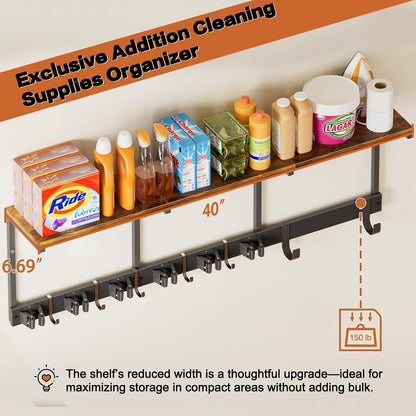 Broom Holder Wall Mount with Cleaning Supplies Organizer, Laundry Room Organization and Storage Shelves with Mop Hanger Rack Gripper Hooks, Utility Shelf Closet Organizer for Home Garage Kitchen