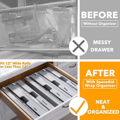 SpaceAid WrapNeat 2 in 1 Wrap Organizer with Cutter and Labels, Plastic Wrap, Aluminum Foil and Wax Bamboo Dispenser for Kitchen Storage Organization Holder for 12" Roll (Natural, 2-Slot)
