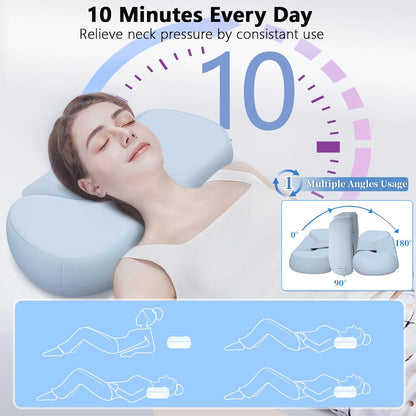 Cervical Neck Roll Pillow, Say Goodbye to Neck Pain, Travel Neck Support Pillow for Side Sleepers, Ergonomic Memory Foam Camping Pillow, Cervical Traction Device with Storage Bag (Blue)