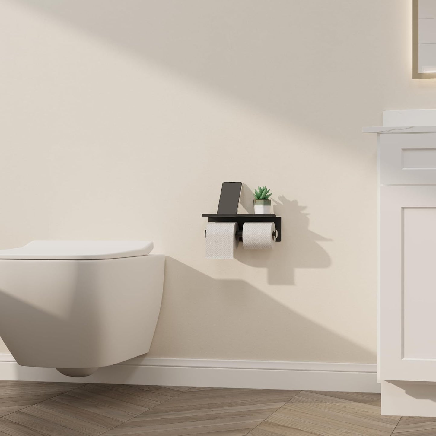 Black Toilet Paper Roll Holder with Shelf Wall Mounted for Bathroom (Black, Double Head)