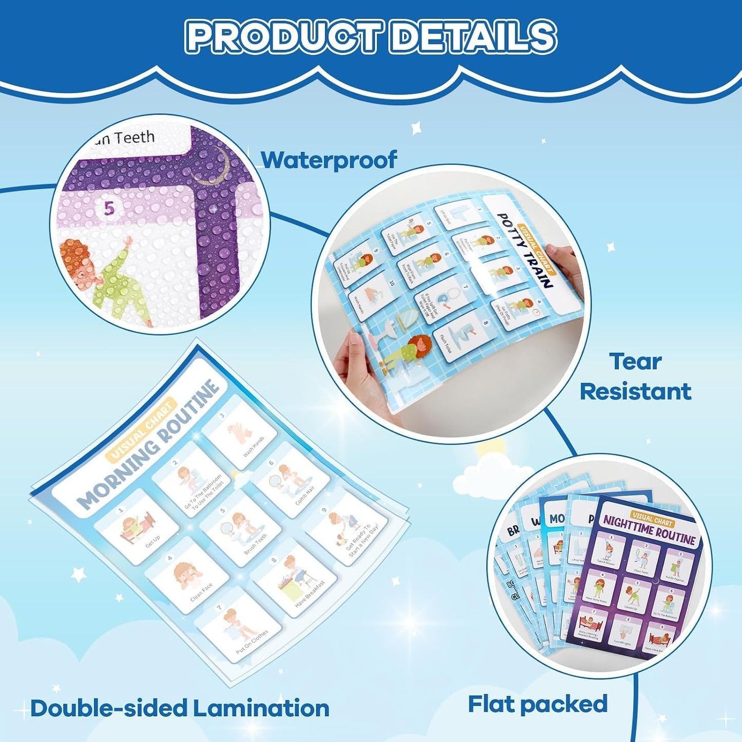 6 PCS Daily Step Visual Schedules Night and Morning Routine Chart for Kids Laminated Children Self Care Chart Visual Guide for Children Special Needs and Autism Promotes Independent Hygiene Routine