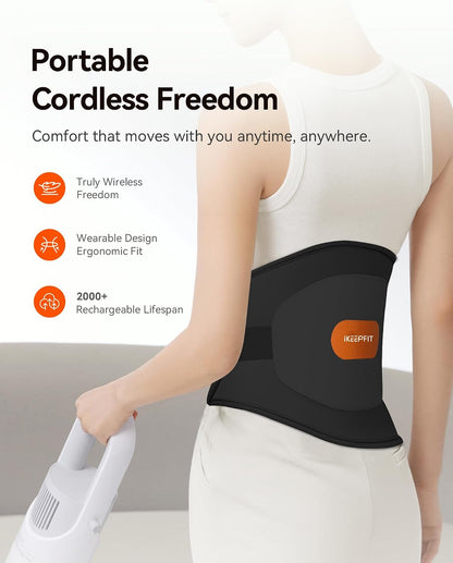 IKEEPFIT Portable Heating Pad for Back, Cordless Wearable Heat Belt with Massager for Lower Back Pain Relief, Battery Powered 8000 mAh Rechargeable, MAXwarm® 3.0, Gift for Women Men 90-310 lbs