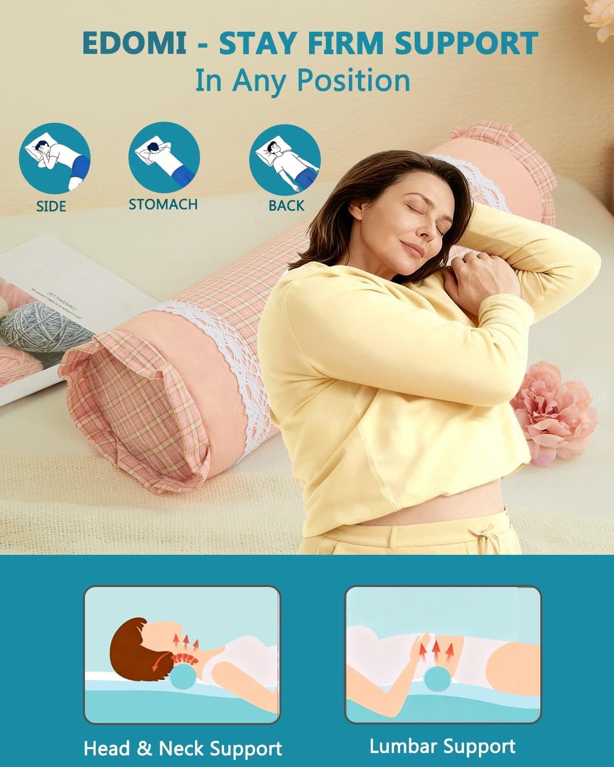 Buckwheat Cervical Pillow for Sleeping, Adjustable Roll Pillow for Neck Relief with Washable Pillowcase, Round Cylinder Bolster for Firm Support, 16x4 inch (Khaki)