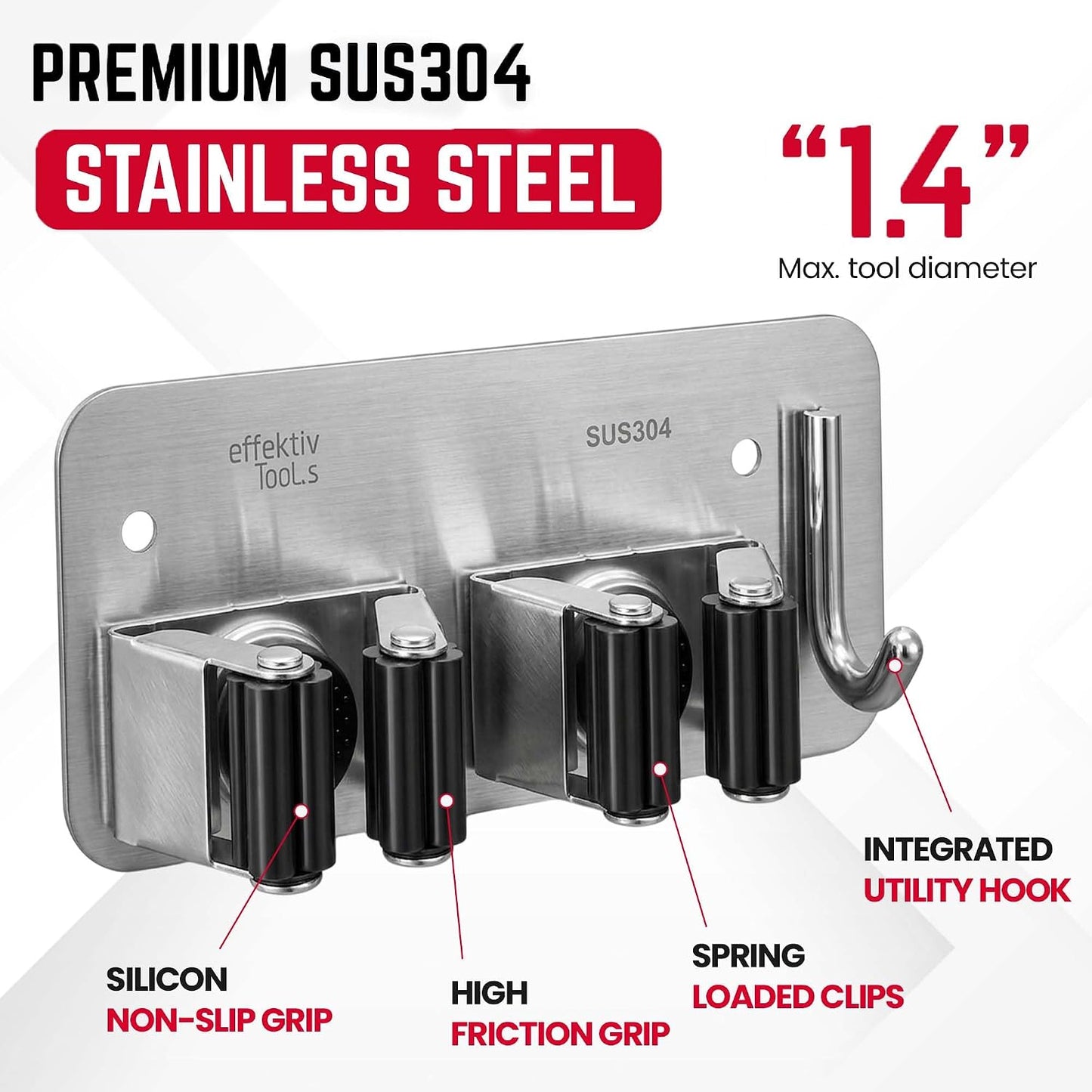 Wall Mount Hanger for Brooms & Mops - Adhesive Stainless Steel Mops & Broom Holder, 4 Clamps, 3 Hooks, & 5 Towel Hanger Clips Including Mounting Hardware for Utility Room Organization