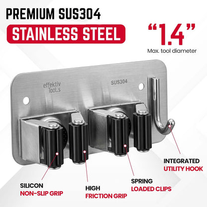 Wall Mount Hanger for Brooms & Mops - Adhesive Stainless Steel Mops & Broom Holder, 4 Clamps, 3 Hooks, & 5 Towel Hanger Clips Including Mounting Hardware for Utility Room Organization
