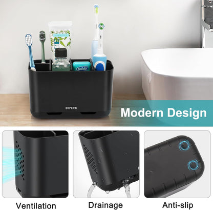 Boperzi Toothbrush and Toothpaste Holder Drainage for Bathroom Countertop with Adjustable Dividers, Large Toothpaste Caddy Organizer Storage Rustic Decor Set Anti-Slip for Shower,Family,Kids Gray