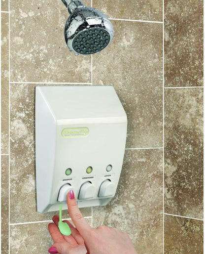 Better Living Classic Wall Mount Shower Dispenser, 4 x 14.5 oz, White | 4 Chamber, Shampoo, Conditioner, Body Wash and Soap Dispenser, No Drill Adhesive, 9.5" x 3" x 10.75"