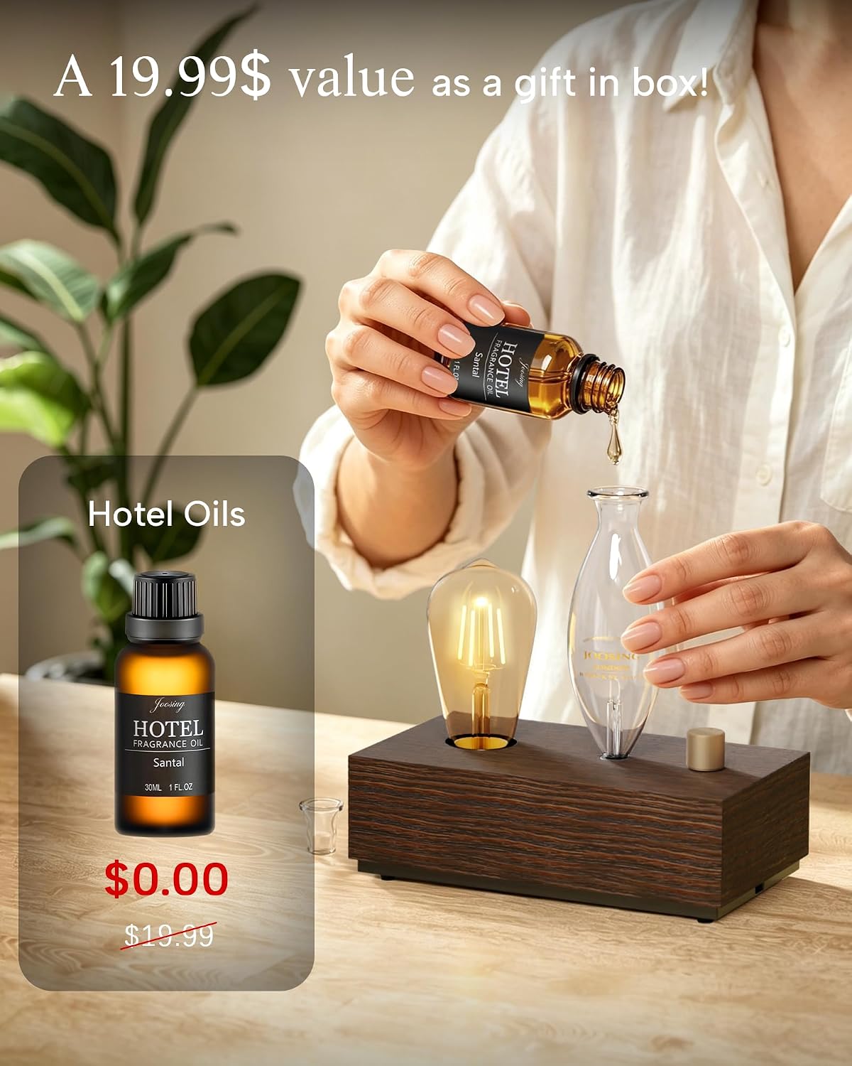 Waterless Oil Diffuser with Wood Base, Tempered Glass Bulb, 3 Color Light