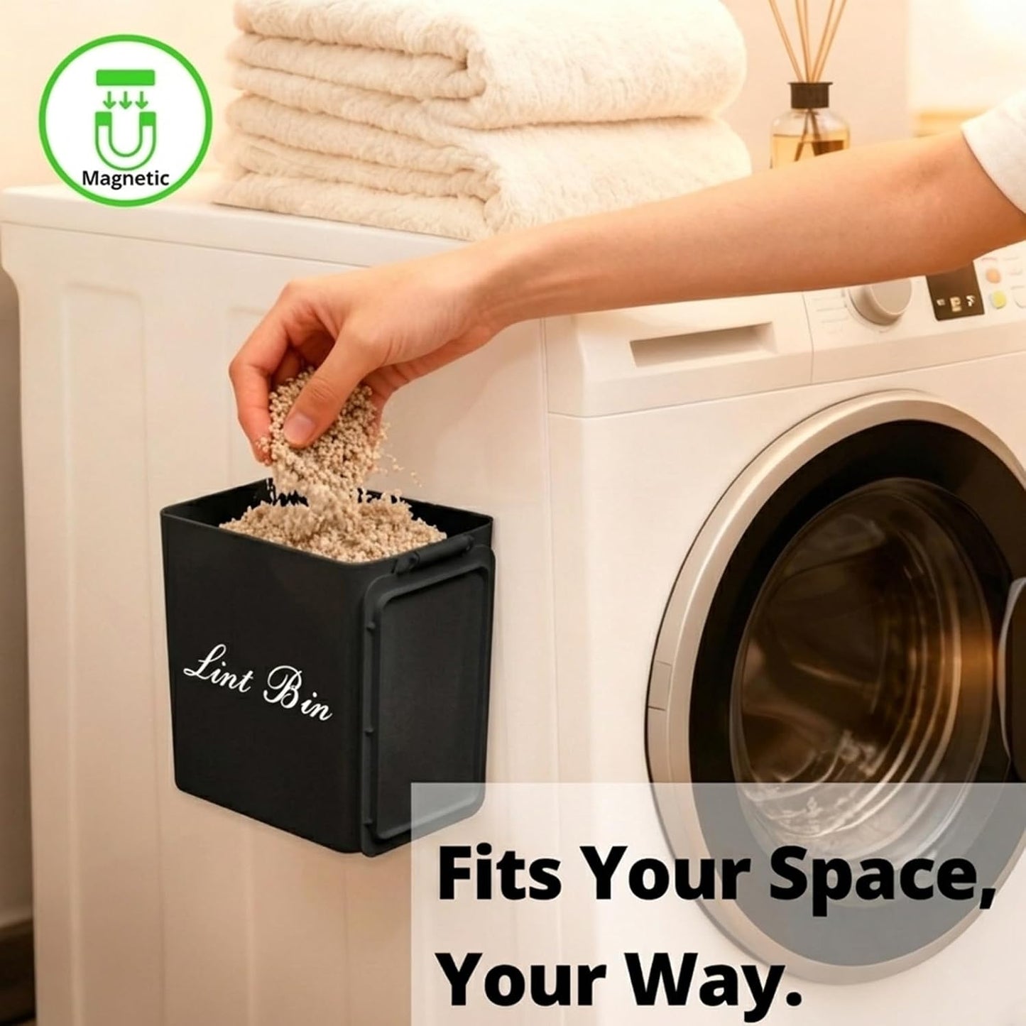 Artilife Magnetic Dryer Lint Bin with Lid, 6 x 5 in White ABS Plastic | Compact 1.8L dryer lint holder mounts to metal appliances without tools; fitted lid hides lint and sheets for laundry room