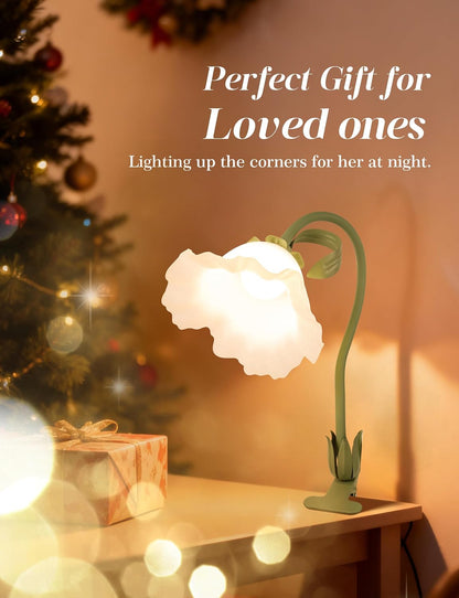 Flower Clip On Desk Lamp for Home and Dorm - Cute Floral Clip On Bedside Book Reading Light, Pink Flower Bunk Bed Lighting, Kawaii Led Flexible Gooseneck Table Lamp for Headboard with Clamp