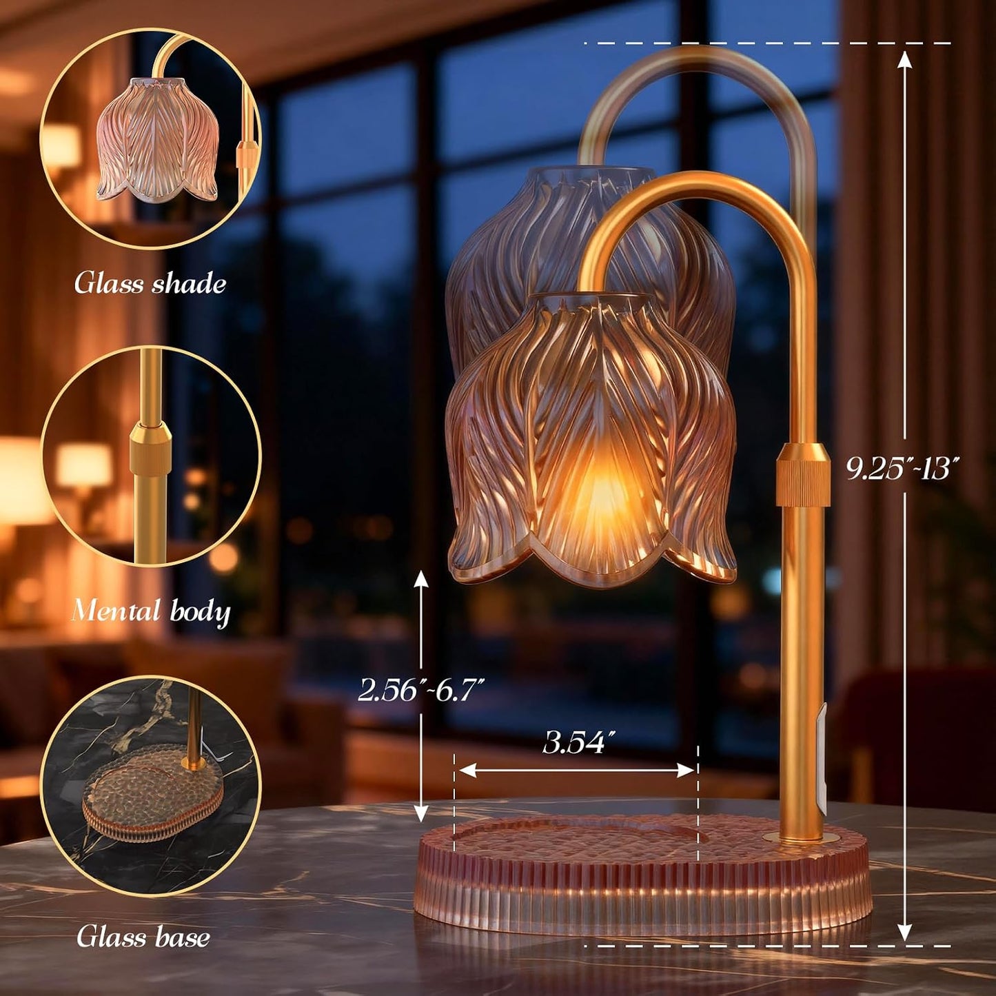 Flower Candle Warmer Lamp, Timer & 4-Level Dimmer, Adjustable Height | Flameless Electric Wax Warmer for Jar Candles, Includes 2 Bulbs, Pink, Home Decor Gift for Mom & Women, Housewarming