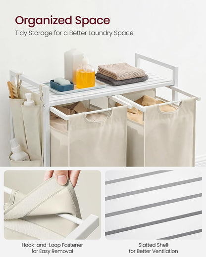 VASAGLE Laundry Hamper, Laundry Basket Sorter with 3 Pull-Out and Removable Bags, Shelf, Metal Frame, 3 x 10.6 Gallons (40 L), 36.4 x 13 x 28.4 Inches, Cappuccino Beige and Natural Beige UBLH301LH01