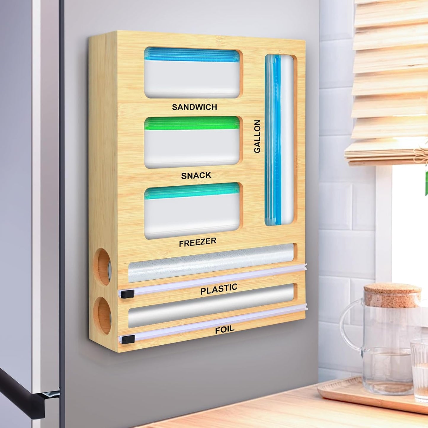 MSJGA Magnetic Plastic Wrap Dispenser with Cutter for Drawer&Refrigerator | 3 in 1 Fridge Bamboo Organizer for Tin Foil, Baking Paper, Wax Paper Holder Kitchen Storage Box Compatible,13" x 8.2" x 2.7"