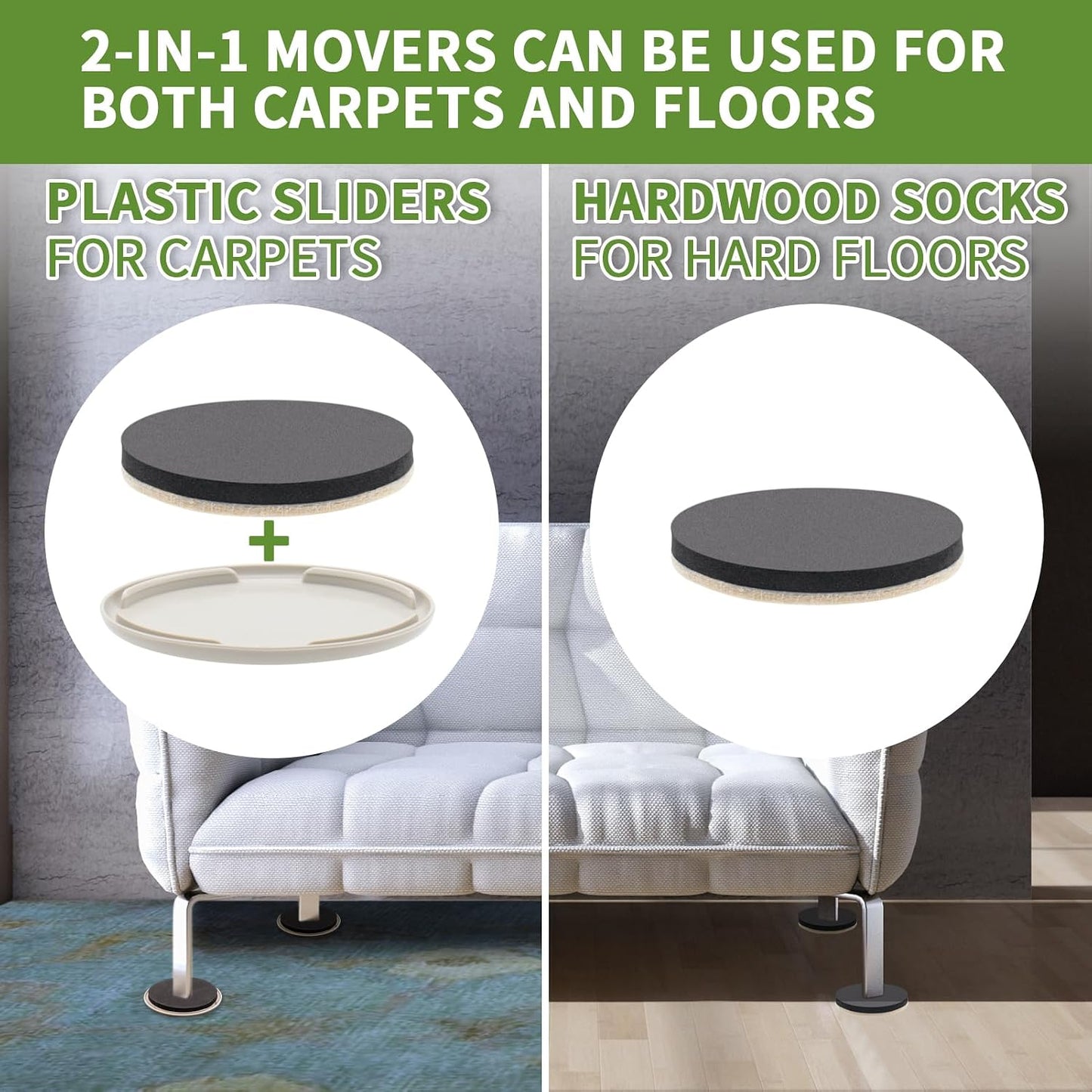 2 in 1 Furniture Sliders, 8 PCS in 3 1/2" or 4", Brown | Furniture Sliders for Hardwood Floors, Furniture Sliders for Carpet, Sliders for Moving Furniture, Furniture Movers Sliders